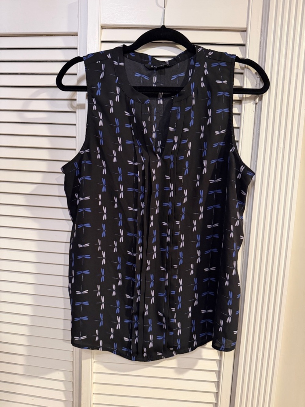 41 Hawthorn Black Sleeveless Blouse with Blue & White Dragonfly Print